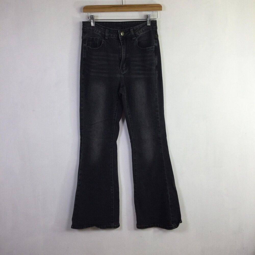 Romwe Jeans Juniors 11 Gray Charcoal Bootcut Rhinestone Cross Pockets 29x29